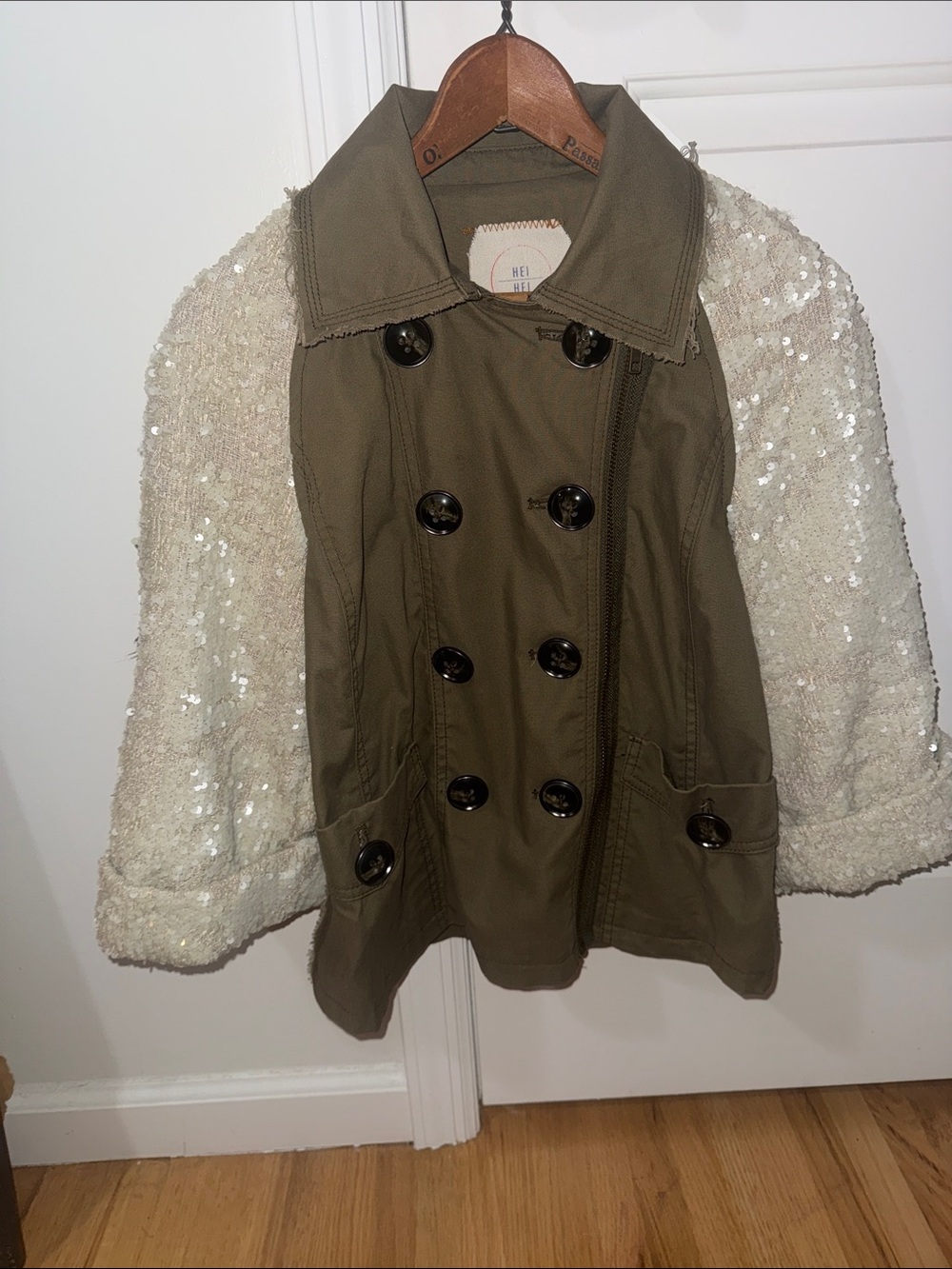 Sequin-Sleeve Olive Trench Coat by Hei Hei at Anthropologie